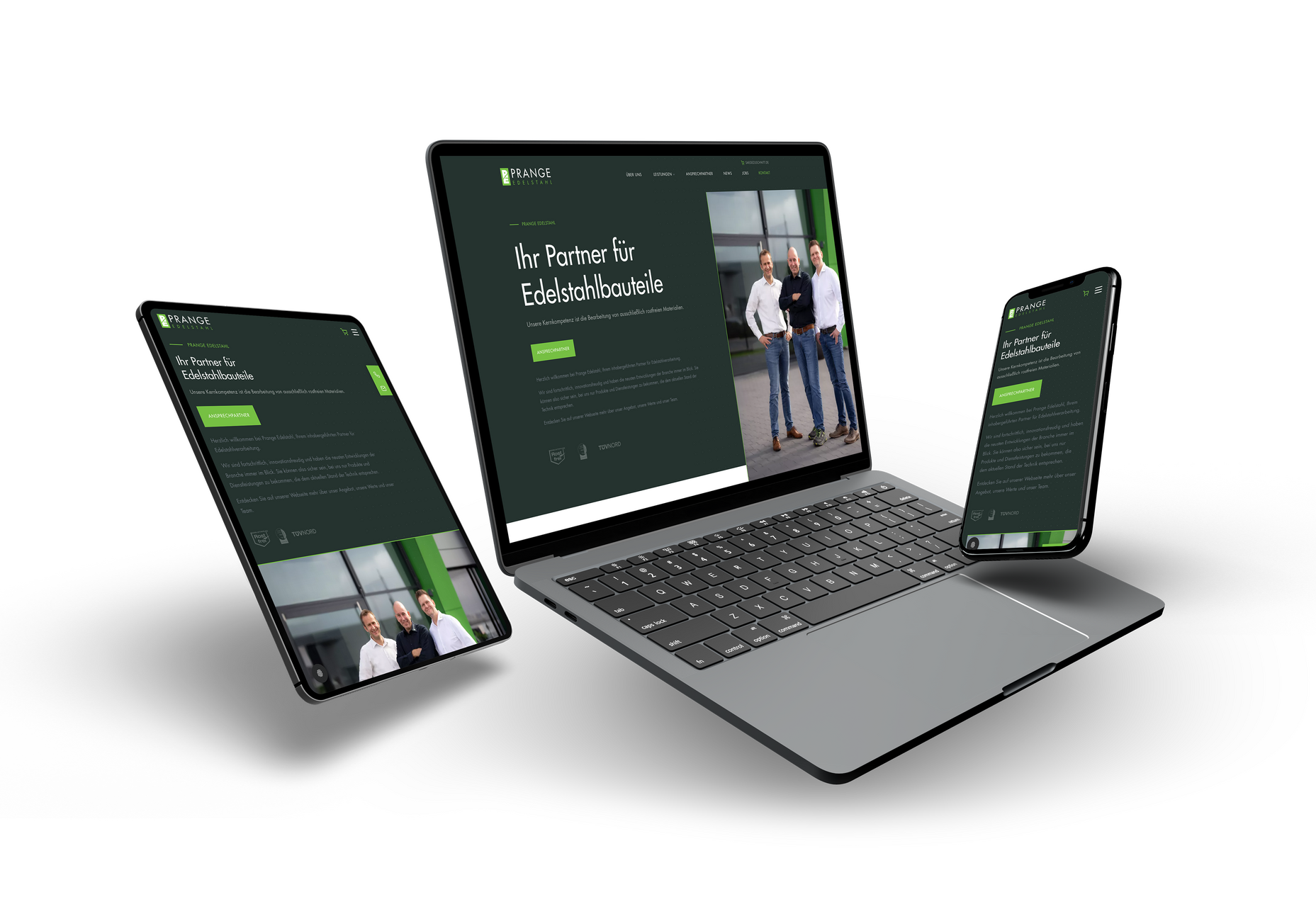 Responsive Darstellung dieser Website auf Desktop, Tablet und Smartphone.